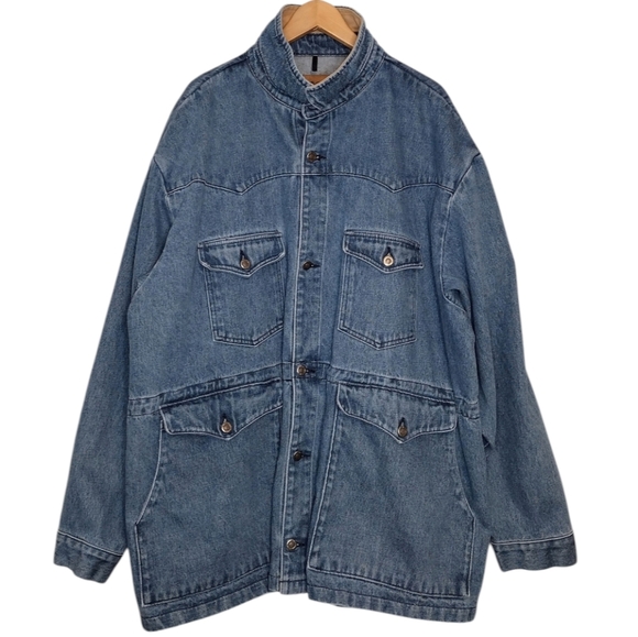 Schaefer Outfitter Men's Blue Denim Collar Leather Oversized Barn Jacket Sz 2XL - Picture 1 of 16